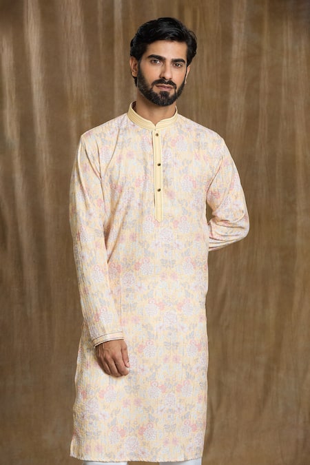 Shop_Arihant Rai Sinha_Cream Cotton, Silk Embroidery Straight Mandarin Collar Kurta And Pyjama Set_Online_at_Aza_Fashions