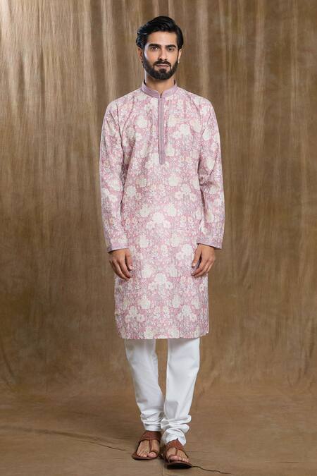 Arihant Rai Sinha_Maroon Cotton, Silk Embroidery Floral Print Kurta With Pyjama_Online_at_Aza_Fashions