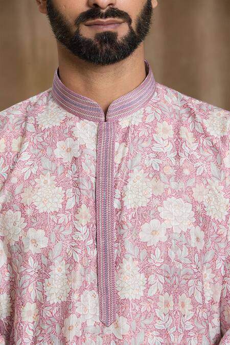 Buy_Arihant Rai Sinha_Maroon Cotton, Silk Embroidery Floral Print Kurta With Pyjama