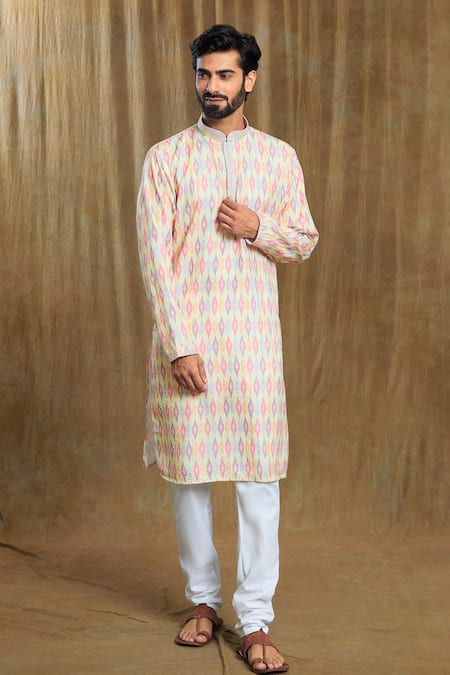 Aryavir Malhotra Peach Kurta Cotton Printed Ikkat And Bandhani With Pyjama 