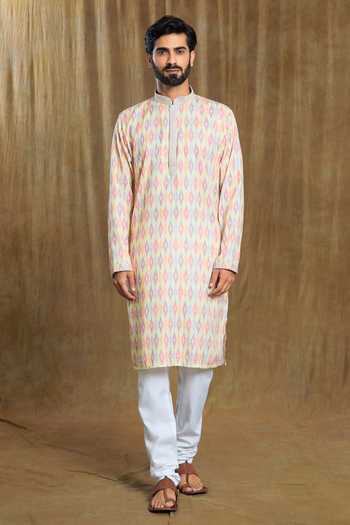 Buy Arihant Rai Sinha Peach Cotton, Silk Embroidery Ikkat And Bandhani Print Kurta With Pyjama Online at Aza Fashions Buy_Arihant Rai Sinha_Peach Cotton, Silk Embroidery Ikkat And Bandhani Print Kurta With Pyjama _Online_at_Aza_Fashions