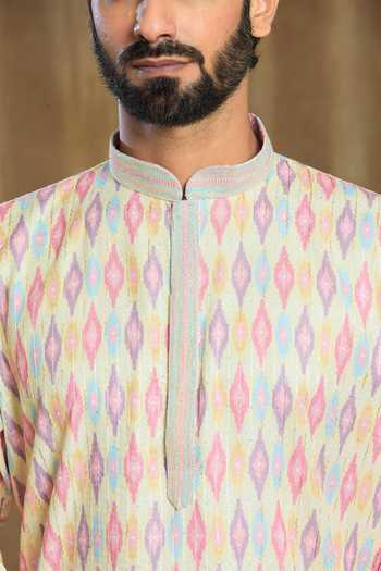 Buy Arihant Rai Sinha Peach Cotton, Silk Embroidery Ikkat And Bandhani Print Kurta With Pyjama Buy_Arihant Rai Sinha_Peach Cotton, Silk Embroidery Ikkat And Bandhani Print Kurta With Pyjama