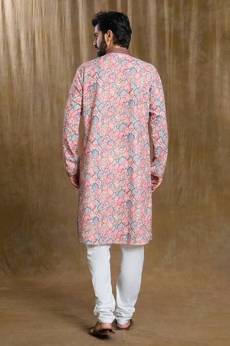 Shop Arihant Rai Sinha Peach Cotton, Silk Embroidery Straight Kurta With Pyjama at Aza Fashions Shop_Arihant Rai Sinha_Peach Cotton, Silk Embroidery Straight Kurta With Pyjama_at_Aza_Fashions