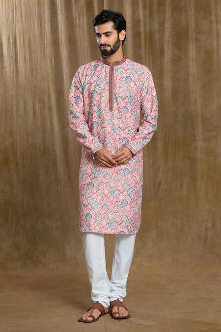 Arihant Rai Sinha Peach Cotton, Silk Embroidery Straight Kurta With Pyjama Online at Aza Fashions Arihant Rai Sinha_Peach Cotton, Silk Embroidery Straight Kurta With Pyjama_Online_at_Aza_Fashions
