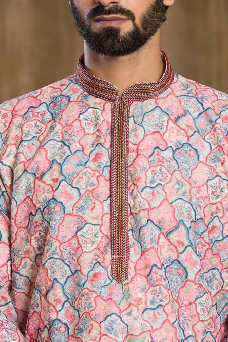 Arihant Rai Sinha Peach Cotton, Silk Embroidery Straight Kurta With Pyjama at Aza Fashions Arihant Rai Sinha_Peach Cotton, Silk Embroidery Straight Kurta With Pyjama_at_Aza_Fashions