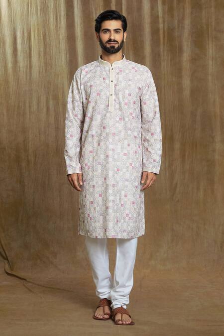 Buy_Arihant Rai Sinha_White Cotton, Silk Embroidery Geometric Tile Print Kurta With Pyjama_Online_at_Aza_Fashions