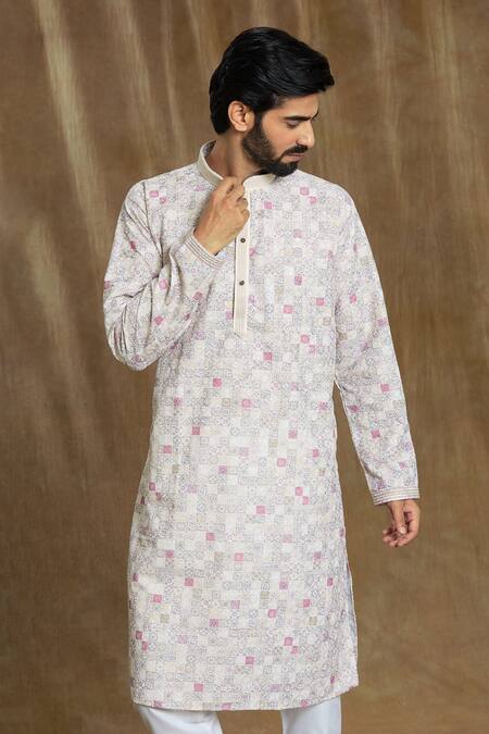 Shop_Arihant Rai Sinha_White Cotton, Silk Embroidery Geometric Tile Print Kurta With Pyjama_Online_at_Aza_Fashions