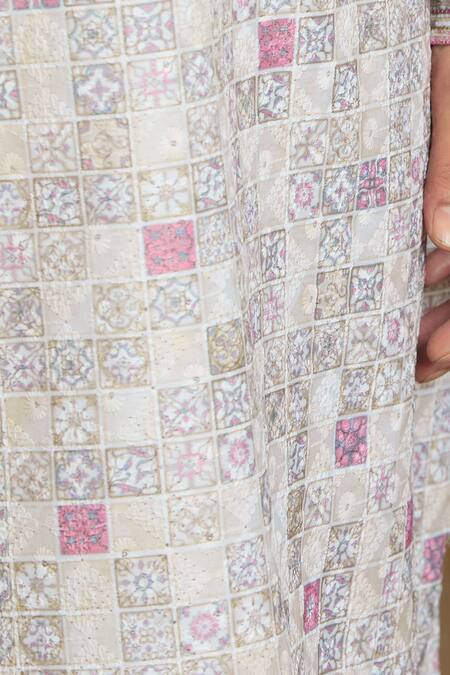 Arihant Rai Sinha_White Cotton, Silk Embroidery Geometric Tile Print Kurta With Pyjama_at_Aza_Fashions