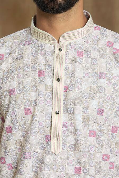 Buy_Arihant Rai Sinha_White Cotton, Silk Embroidery Geometric Tile Print Kurta With Pyjama