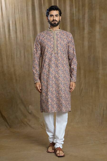 Buy_Arihant Rai Sinha_Multi Color Cotton, Silk Embroidery Geometric Trellis Print Kurta With Pyjama_Online_at_Aza_Fashions