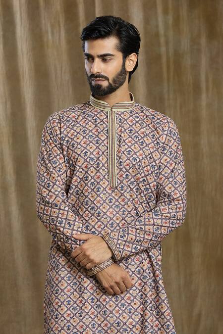 Shop_Arihant Rai Sinha_Multi Color Cotton, Silk Embroidery Geometric Trellis Print Kurta With Pyjama_Online_at_Aza_Fashions