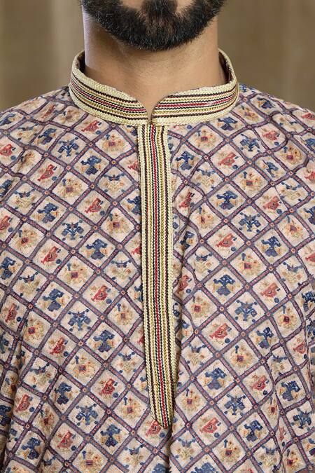 Buy_Arihant Rai Sinha_Multi Color Cotton, Silk Embroidery Geometric Trellis Print Kurta With Pyjama