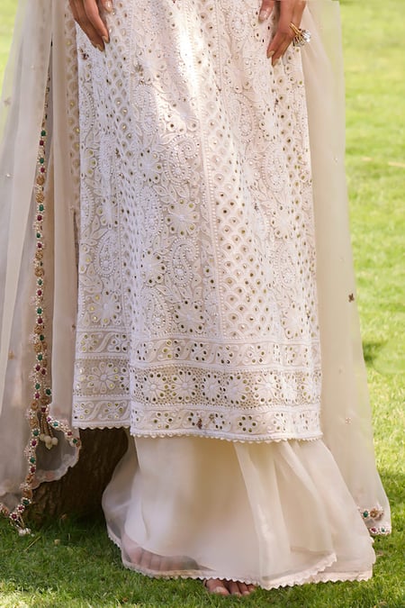 Dolly J Ivory Georgette Pearls, Aliza Chikankari Jewel Embroidered Kalidar Sharara Set Online at Aza Fashions Dolly J_Ivory Georgette Pearls, Aliza Chikankari Jewel Embroidered Kalidar Sharara Set _Online_at_Aza_Fashions