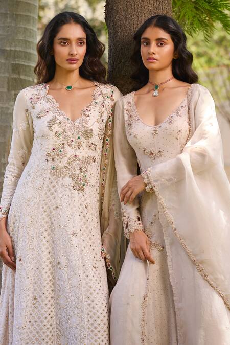 Shop Dolly J Ivory Georgette Pearls, Aliza Chikankari Jewel Embroidered Kalidar Sharara Set Online at Aza Fashions Shop_Dolly J_Ivory Georgette Pearls, Aliza Chikankari Jewel Embroidered Kalidar Sharara Set _Online_at_Aza_Fashions