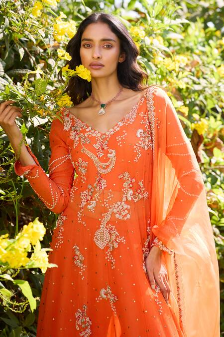 Dolly J Orange Chiffon Pearls, Russet Rose Zardozi Embroidered Kalidar Sharara Set Online at Aza Fashions Dolly J_Orange Chiffon Pearls, Russet Rose Zardozi Embroidered Kalidar Sharara Set _Online_at_Aza_Fashions