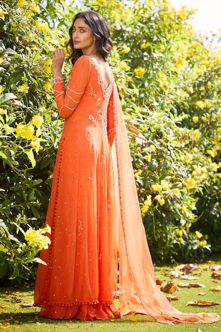 Shop Dolly J Orange Chiffon Pearls, Russet Rose Zardozi Embroidered Kalidar Sharara Set at Aza Fashions Shop_Dolly J_Orange Chiffon Pearls, Russet Rose Zardozi Embroidered Kalidar Sharara Set _at_Aza_Fashions