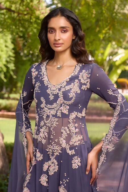 Shop Dolly J Purple Chiffon Pearls, Isla Zardozi Kamdani Embroidered Kalidar Sharara Set Online at Aza Fashions Shop_Dolly J_Purple Chiffon Pearls, Isla Zardozi Kamdani Embroidered Kalidar Sharara Set _Online_at_Aza_Fashions