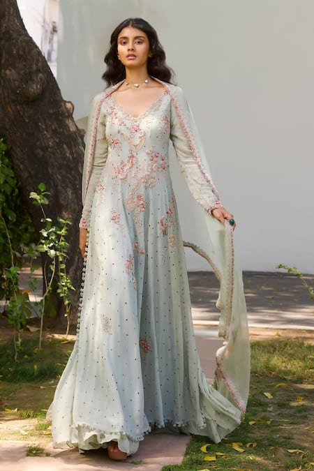 Dolly J Green Chiffon Embroidered Cimmerion Floral Pearl Embellished Kalidar Sharara Set 