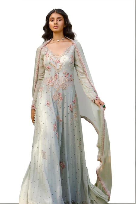 Dolly J Green Chiffon Pearls, Beads, Cimmerion Floral Embellished Kalidar Sharara Set Online at Aza Fashions Dolly J_Green Chiffon Pearls, Beads, Cimmerion Floral Embellished Kalidar Sharara Set _Online_at_Aza_Fashions