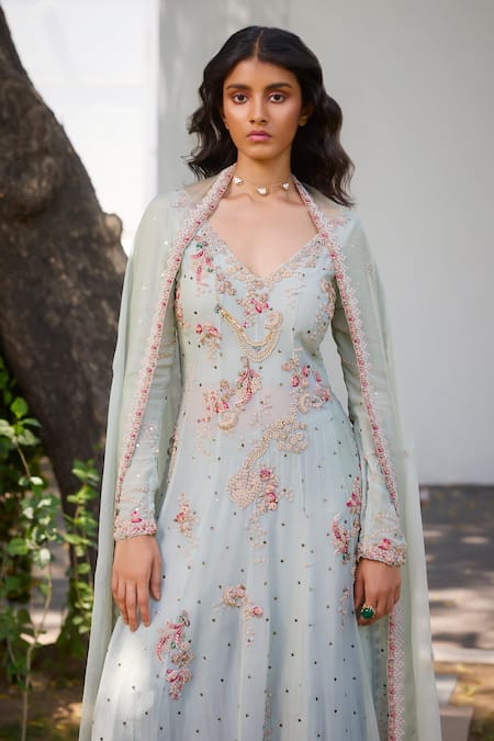Shop Dolly J Green Chiffon Pearls, Beads, Cimmerion Floral Embellished Kalidar Sharara Set at Aza Fashions Shop_Dolly J_Green Chiffon Pearls, Beads, Cimmerion Floral Embellished Kalidar Sharara Set _at_Aza_Fashions