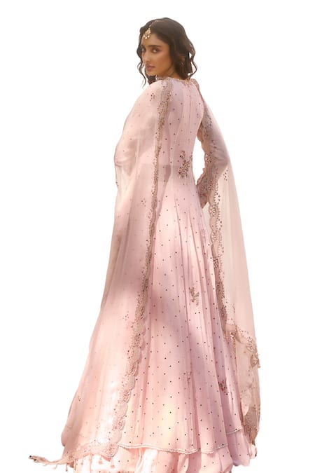 Shop Dolly J Pink Chiffon Pearls, Beads Ekra Zardozi Embroidered Kalidar Kurta Lehenga Set Online at Aza Fashions Shop_Dolly J_Pink Chiffon Pearls, Beads Ekra Zardozi Embroidered Kalidar Kurta Lehenga Set _Online_at_Aza_Fashions