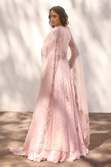 Shop Dolly J Pink Chiffon Pearls, Beads Ekra Zardozi Embroidered Kalidar Kurta Lehenga Set at Aza Fashions Shop_Dolly J_Pink Chiffon Pearls, Beads Ekra Zardozi Embroidered Kalidar Kurta Lehenga Set _at_Aza_Fashions