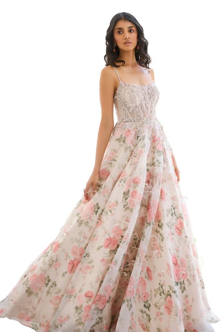 Dolly J Ivory Organza Crystals, Feathers, Sequins Bead Embellished Floral Print Gown Online at Aza Fashions Dolly J_Ivory Organza Crystals, Feathers, Sequins Bead Embellished Floral Print Gown _Online_at_Aza_Fashions
