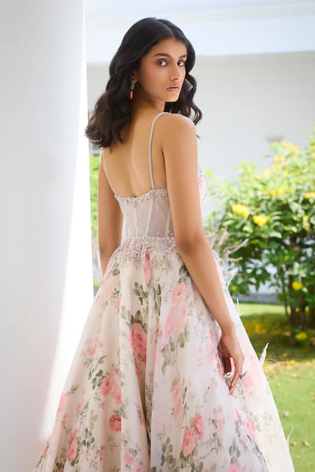 Buy Dolly J Ivory Organza Crystals, Feathers, Sequins Bead Embellished Floral Print Gown Online at Aza Fashions Buy_Dolly J_Ivory Organza Crystals, Feathers, Sequins Bead Embellished Floral Print Gown _Online_at_Aza_Fashions