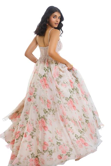 Shop Dolly J Ivory Organza Crystals, Feathers, Sequins Bead Embellished Floral Print Gown Online at Aza Fashions Shop_Dolly J_Ivory Organza Crystals, Feathers, Sequins Bead Embellished Floral Print Gown _Online_at_Aza_Fashions