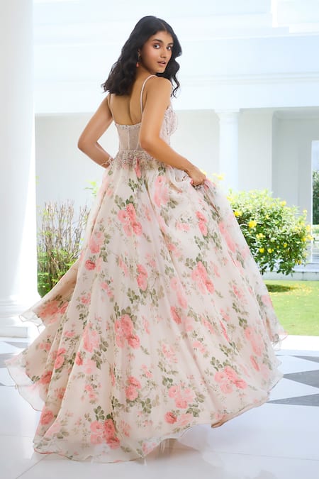 Dolly J Bead Crystal Embellished Floral Print Gown 