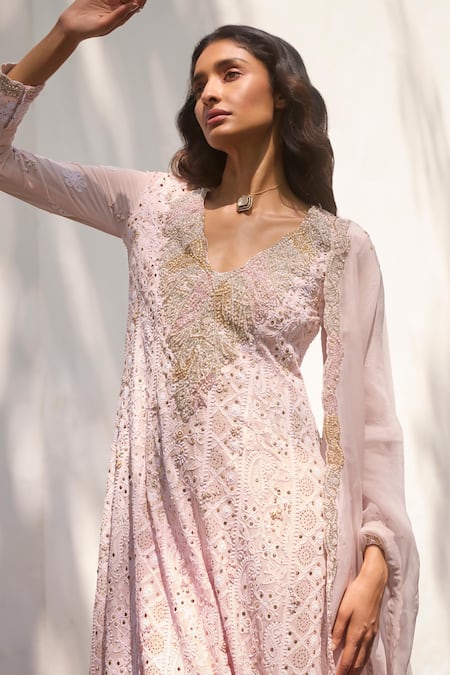 Buy_Dolly J_Pink Georgette Pearls, Zari Adaira Embellished Chikankari Kurta Flared Pant Set _Online_at_Aza_Fashions