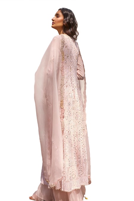 Shop_Dolly J_Pink Georgette Pearls, Zari Adaira Embellished Chikankari Kurta Flared Pant Set _Online_at_Aza_Fashions