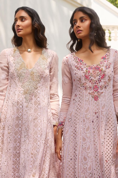Dolly J_Pink Georgette Pearls, Zari Adaira Embellished Chikankari Kurta Flared Pant Set _at_Aza_Fashions