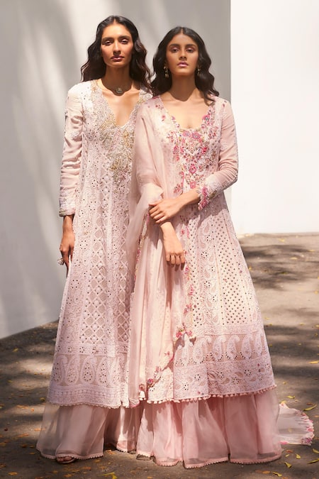 Buy_Dolly J_Pink Georgette Pearls, Zari Adaira Embellished Chikankari Kurta Flared Pant Set 