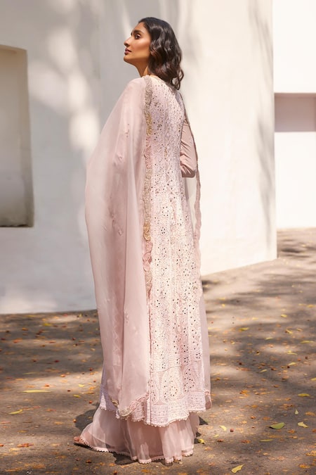Shop_Dolly J_Pink Georgette Pearls, Zari Adaira Embellished Chikankari Kurta Flared Pant Set _at_Aza_Fashions