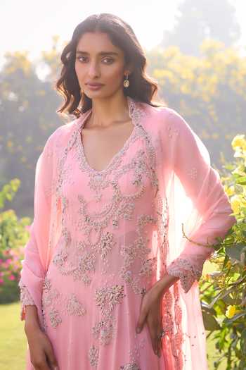 Dolly J_Pink Chiffon Pearls, Beads, Amber Floral Kamdani Embroidered Kalidar Sharara Set _Online_at_Aza_Fashions