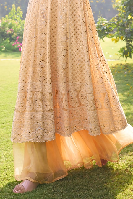 Dolly J_Yellow Chiffon Amethyst Floral Chikankari Embellished Kalidar Sharara Set _Online_at_Aza_Fashions