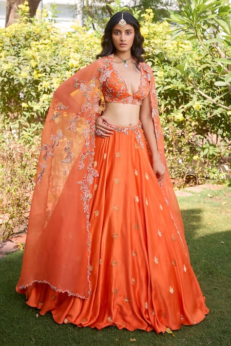 Dolly J Orange Organza Embellished Anahita Zardozi Embroidered Cape Woven Lehenga Set 