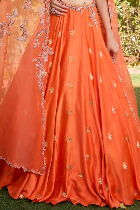 Dolly J_Orange Organza Zari, Beads Anahita Zardozi Embroidered Cape Woven Lehenga Set _Online_at_Aza_Fashions