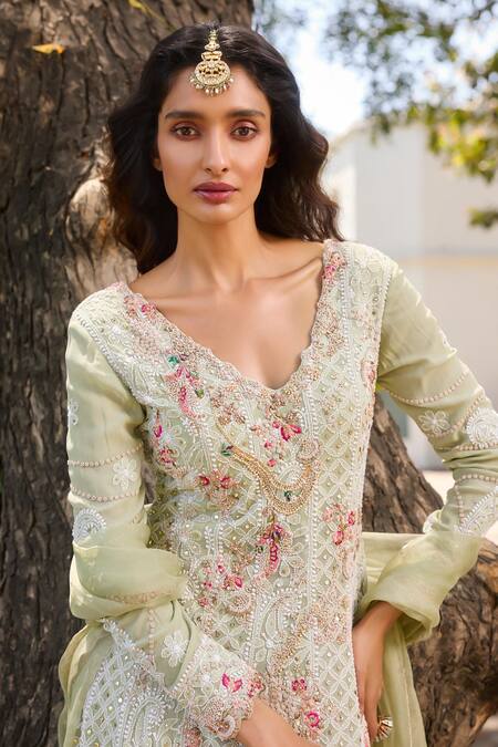 Dolly J Green Georgette Embroidery, Pearls, Arabella Chikankari Kalidar Sharara Set Online at Aza Fashions Dolly J_Green Georgette Embroidery, Pearls, Arabella Chikankari Kalidar Sharara Set _Online_at_Aza_Fashions