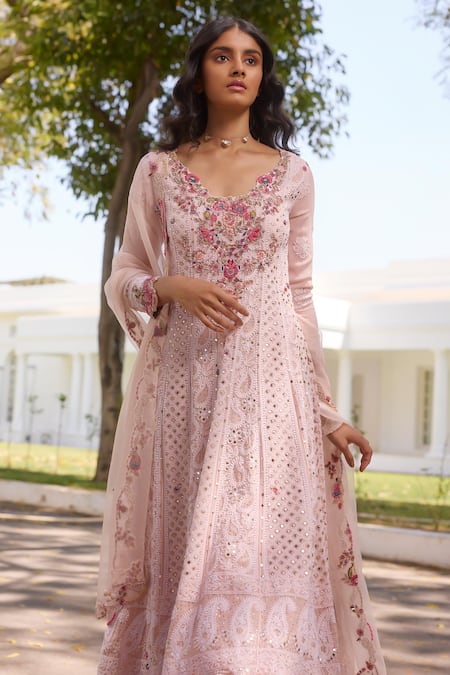 Shop Dolly J Pink Georgette Ariyana Floral Chikankari Mukaish Work Kalidar Sharara Set Online at Aza Fashions Shop_Dolly J_Pink Georgette Ariyana Floral Chikankari Mukaish Work Kalidar Sharara Set _Online_at_Aza_Fashions