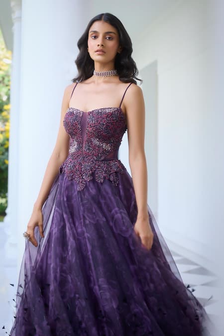 Dolly J_Purple Organza Beads, Sequins Sweetheart Cohello Embellished Floral Print Gown _Online_at_Aza_Fashions