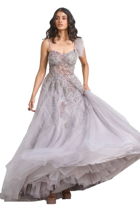 Buy Dolly J Grey Organza Sequins, Feathers, Beads Sweetheart Neck Elaheh Embellished Gown Online at Aza Fashions Buy_Dolly J_Grey Organza Sequins, Feathers, Beads Sweetheart Neck Elaheh Embellished Gown _Online_at_Aza_Fashions