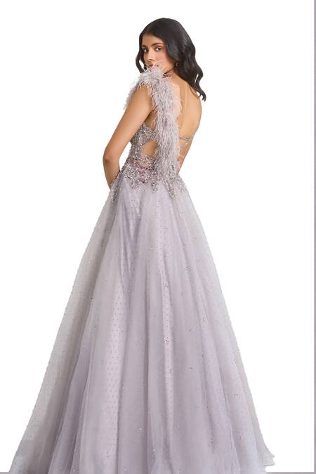 Shop Dolly J Grey Organza Sequins, Feathers, Beads Sweetheart Neck Elaheh Embellished Gown Online at Aza Fashions Shop_Dolly J_Grey Organza Sequins, Feathers, Beads Sweetheart Neck Elaheh Embellished Gown _Online_at_Aza_Fashions