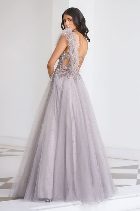 Dolly J Elaheh Sequin Feather Embellished Gown 