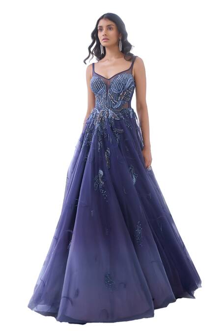 Dolly J_Purple Organza Sequins, Feathers, Beads V-neck Elaheh Embellished Ombre Gown _Online_at_Aza_Fashions