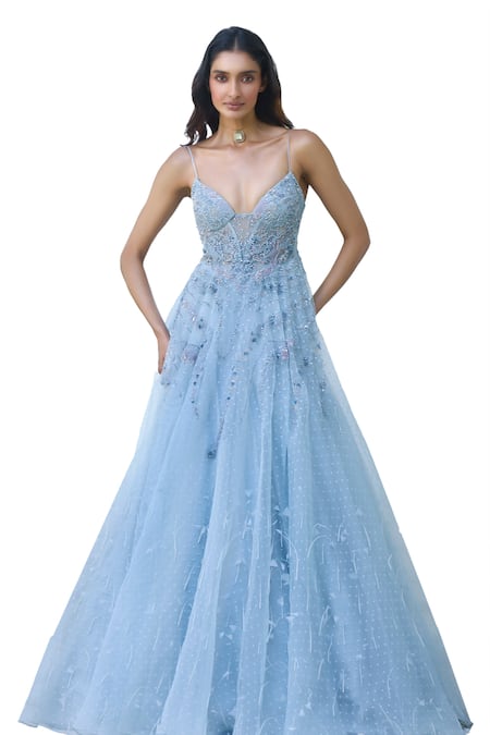 Dolly J_Blue Organza Sequins, Feathers V-neck Adira Bead Embellished Gown _Online_at_Aza_Fashions
