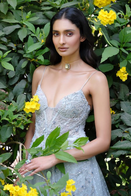 Buy_Dolly J_Blue Organza Sequins, Feathers V-neck Adira Bead Embellished Gown _Online_at_Aza_Fashions