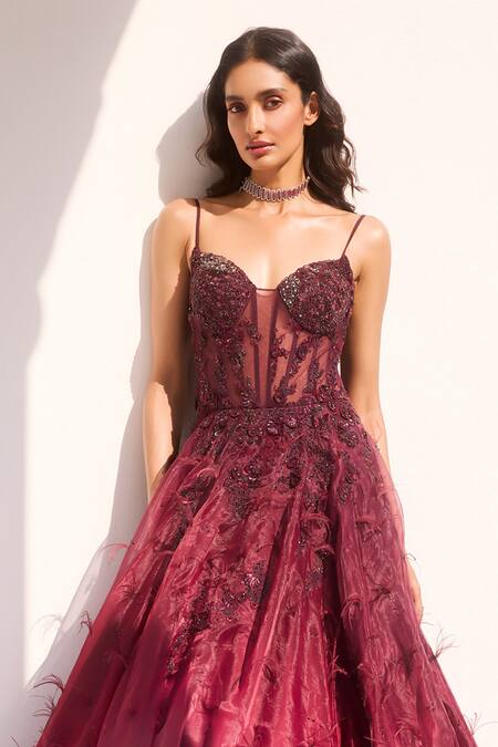 Dolly J_Maroon Organza Sequins, Feathers Sweetheart Amber Tonal Embellished Ombre Gown _Online_at_Aza_Fashions