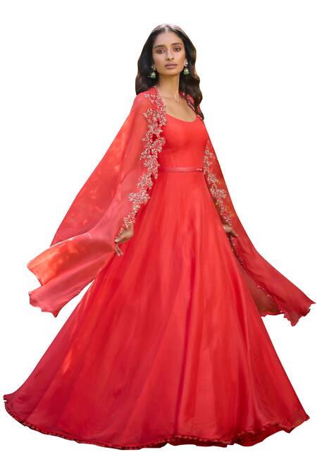 Dolly J_Orange Organza Embroidery, Beads, Zari Scoop Neck Anarkali And Border Cape Set _Online_at_Aza_Fashions